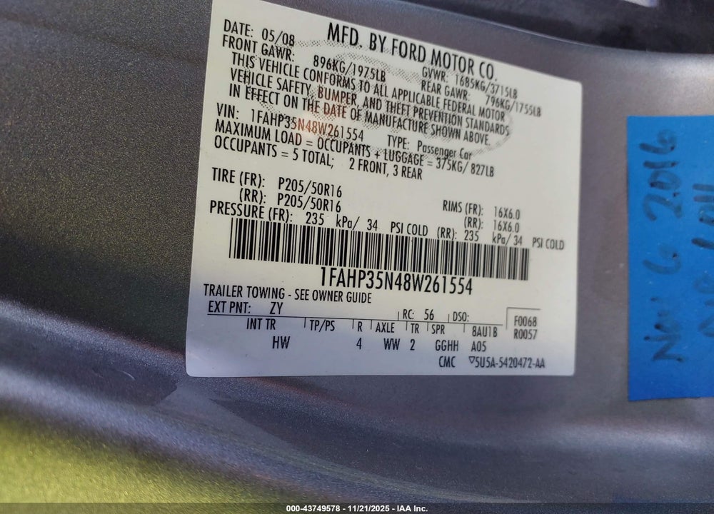 2008 FORD FOCUS SE/SES VIN: 1FAHP35N48W261554