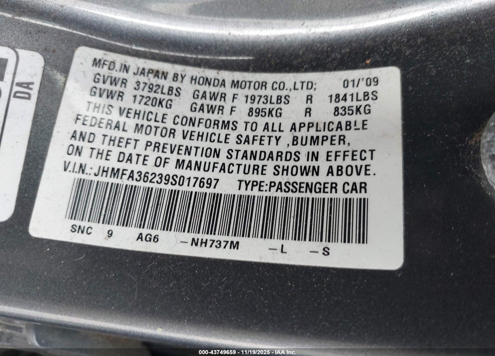 2009 HONDA CIVIC HYBRID VIN: JHMFA36239S017697