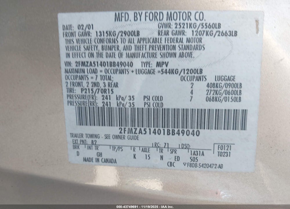 2001 FORD WINDSTAR LX VIN: 2FMZA51401BB49040