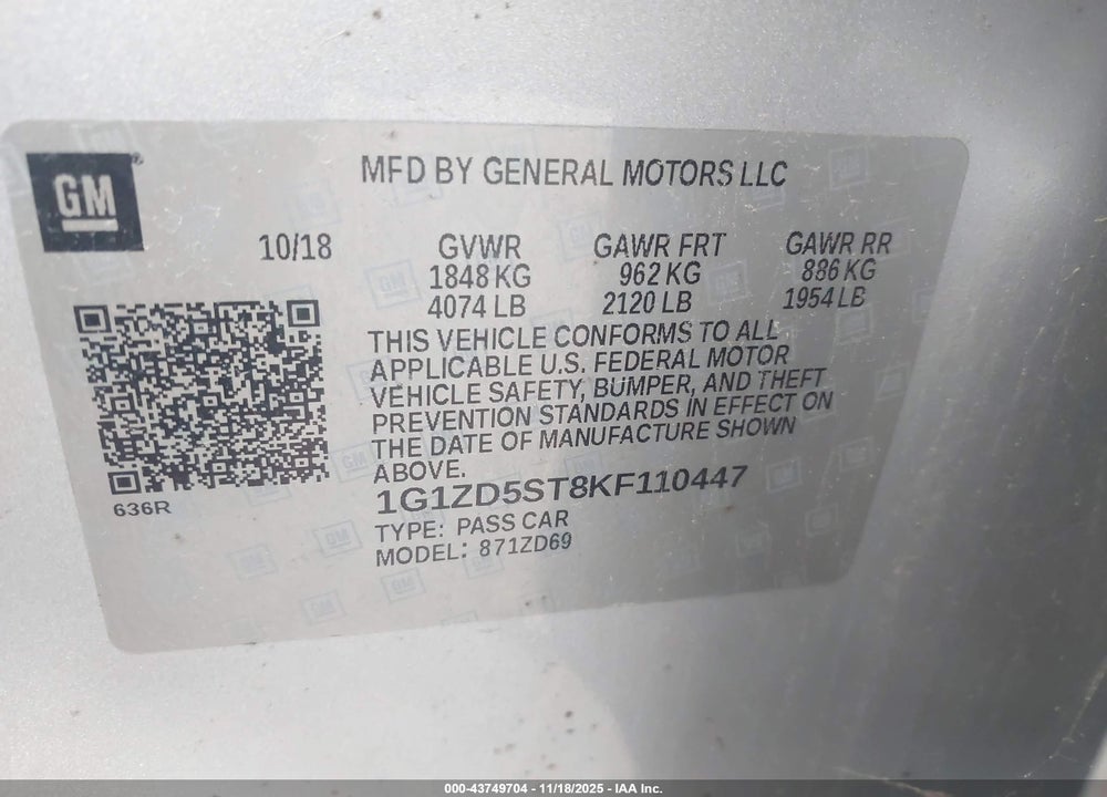 2019 CHEVROLET MALIBU LIMITED VIN: 1G1ZD5ST8KF110447