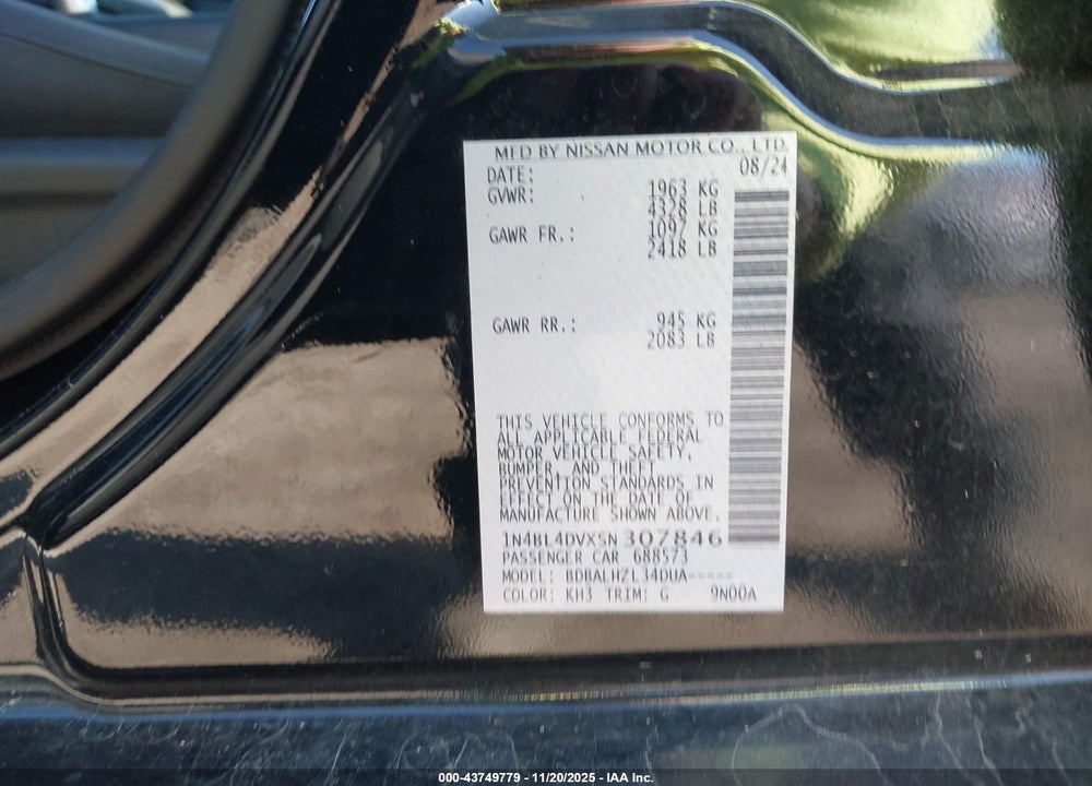 2025 NISSAN ALTIMA SV FWD VIN: 1N4BL4DVXSN307846