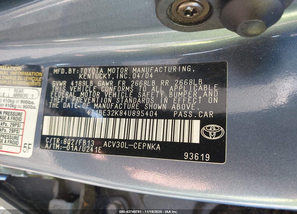 2004 TOYOTA CAMRY LE VIN: 4T1BE32K84U895404
