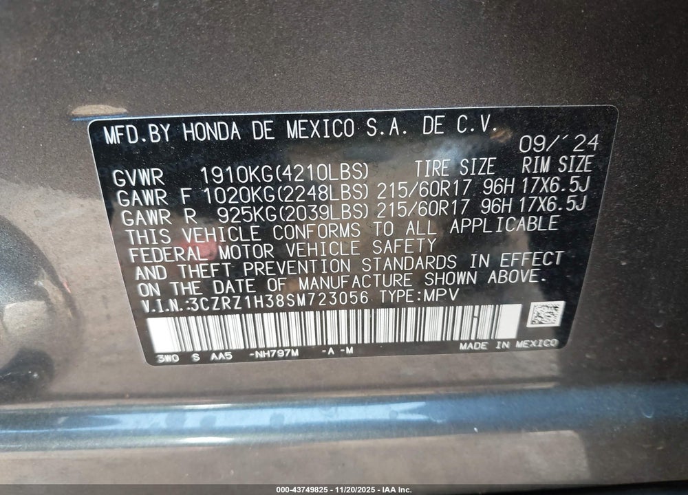 2025 HONDA HR-V 2WD LX VIN: 3CZRZ1H38SM723056