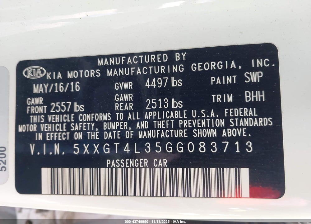 2016 KIA OPTIMA LX VIN: 5XXGT4L35GG083713