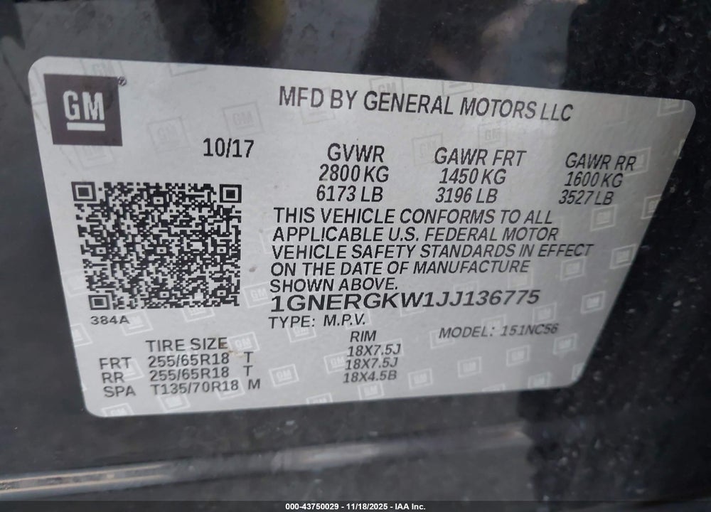 2018 CHEVROLET TRAVERSE 1LT VIN: 1GNERGKW1JJ136775