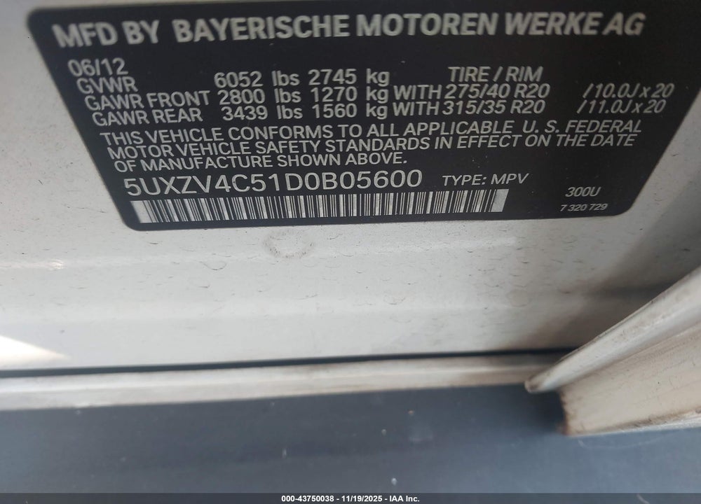 2013 BMW X5 XDRIVE35I/XDRIVE35I PREMIUM/XDRIVE35I SPORT ACTIVITY VIN: 5UXZV4C51D0B05600