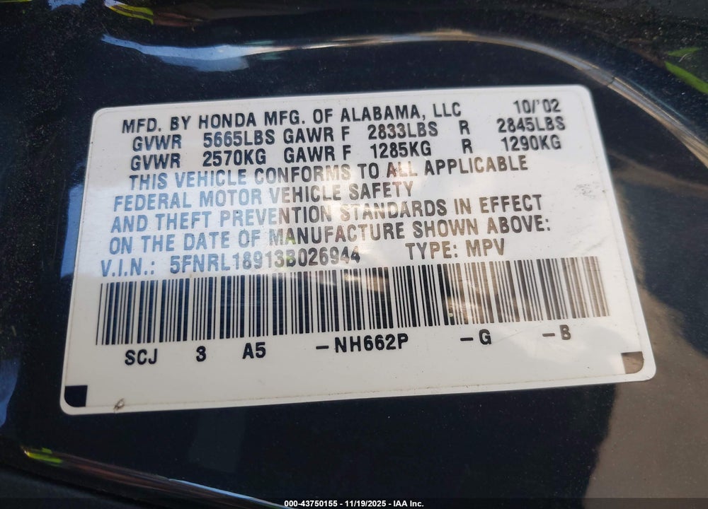 2003 HONDA ODYSSEY EX-L VIN: 5FNRL18913B026944