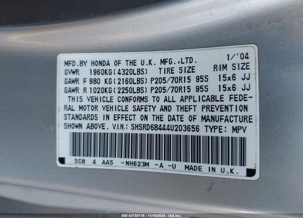 2004 HONDA CR-V LX VIN: SHSRD68444U203656