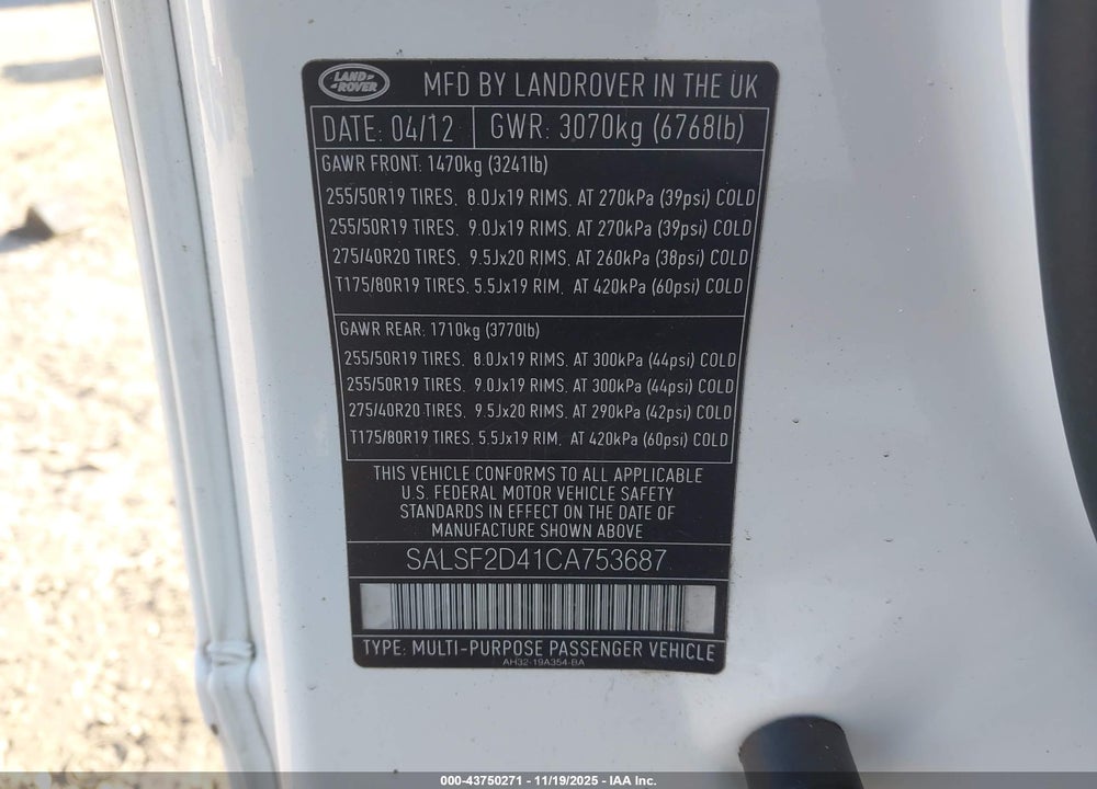 2012 LAND ROVER RANGE ROVER SPORT HSE VIN: SALSF2D41CA753687