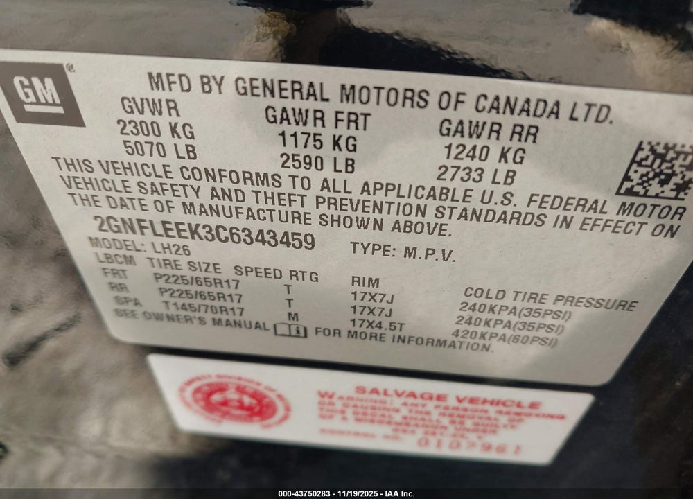 2012 CHEVROLET EQUINOX 1LT VIN: 2GNFLEEK3C6343459