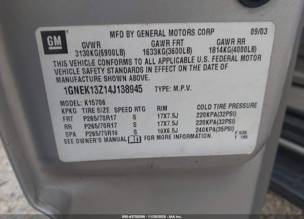 2004 CHEVROLET TAHOE LT VIN: 1GNEK13Z14J138945