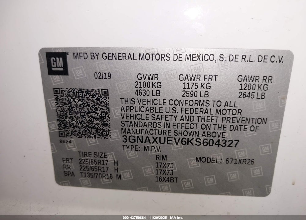 2019 CHEVROLET EQUINOX LT VIN: 3GNAXUEV6KS604327