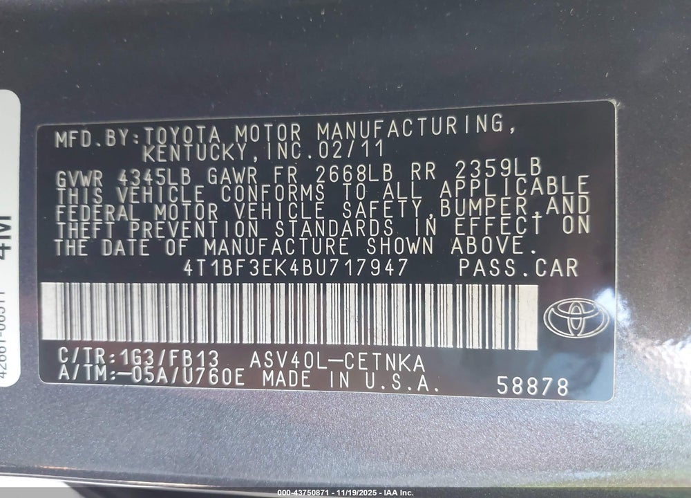 2011 TOYOTA CAMRY LE VIN: 4T1BF3EK4BU717947