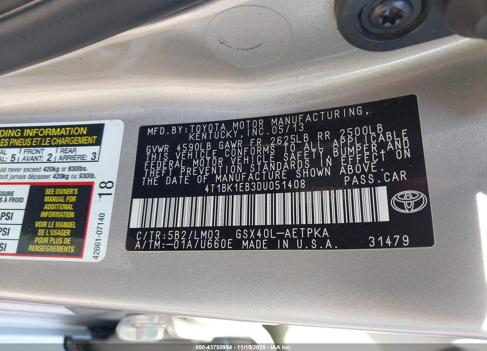 2013 TOYOTA AVALON VIN: 4T1BK1EB3DU051408