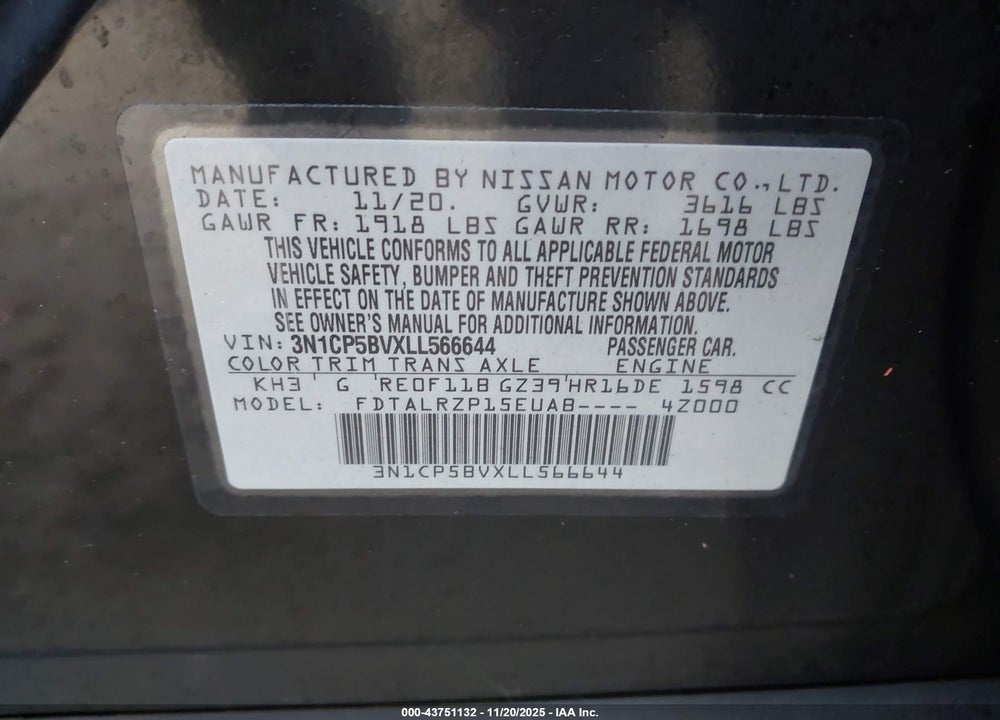 2020 NISSAN KICKS S XTRONIC CVT VIN: 3N1CP5BVXLL566644