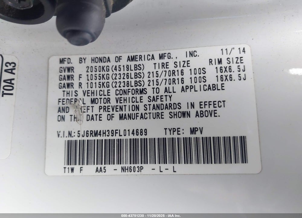 2015 HONDA CR-V LX VIN: 5J6RM4H39FL014689
