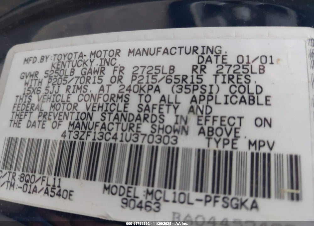 2001 TOYOTA SIENNA XLE VIN: 4T3ZF13C41U370303