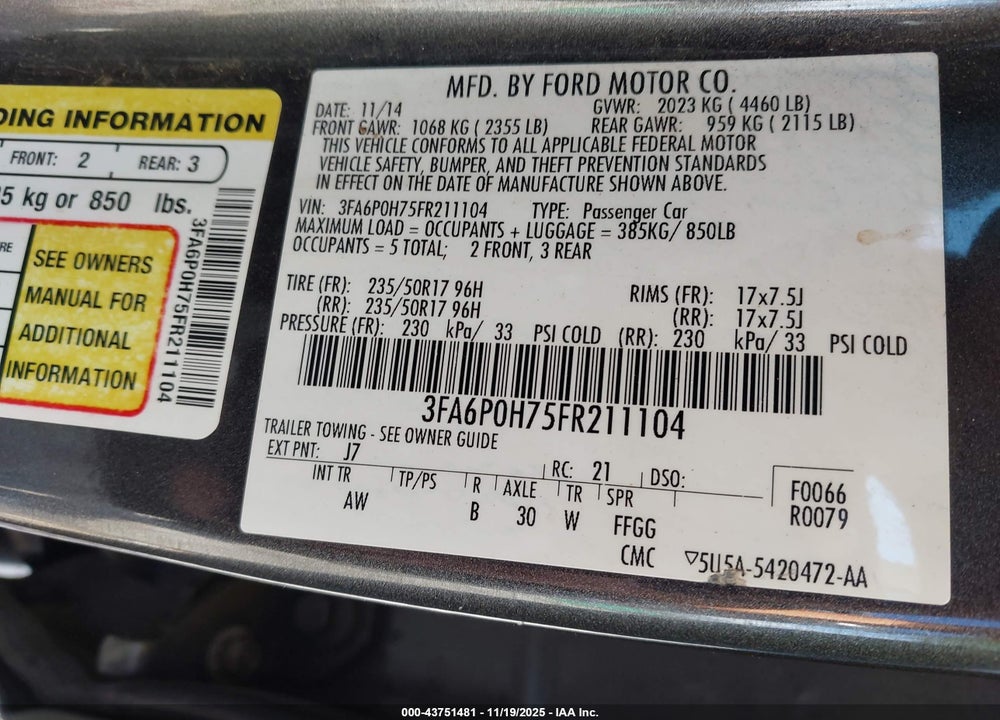 2015 FORD FUSION SE VIN: 3FA6P0H75FR211104