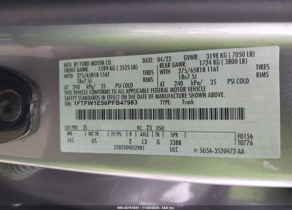 2023 FORD F-150 XLT VIN: 1FTFW1E56PFB47983