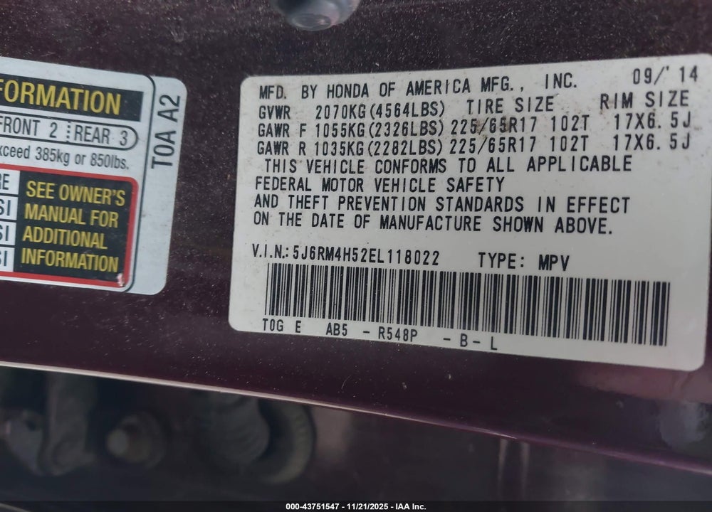2014 HONDA CR-V EX VIN: 5J6RM4H52EL118022