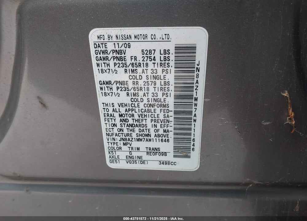 2010 NISSAN MURANO SL VIN: JN8AZ1MW7AW111646