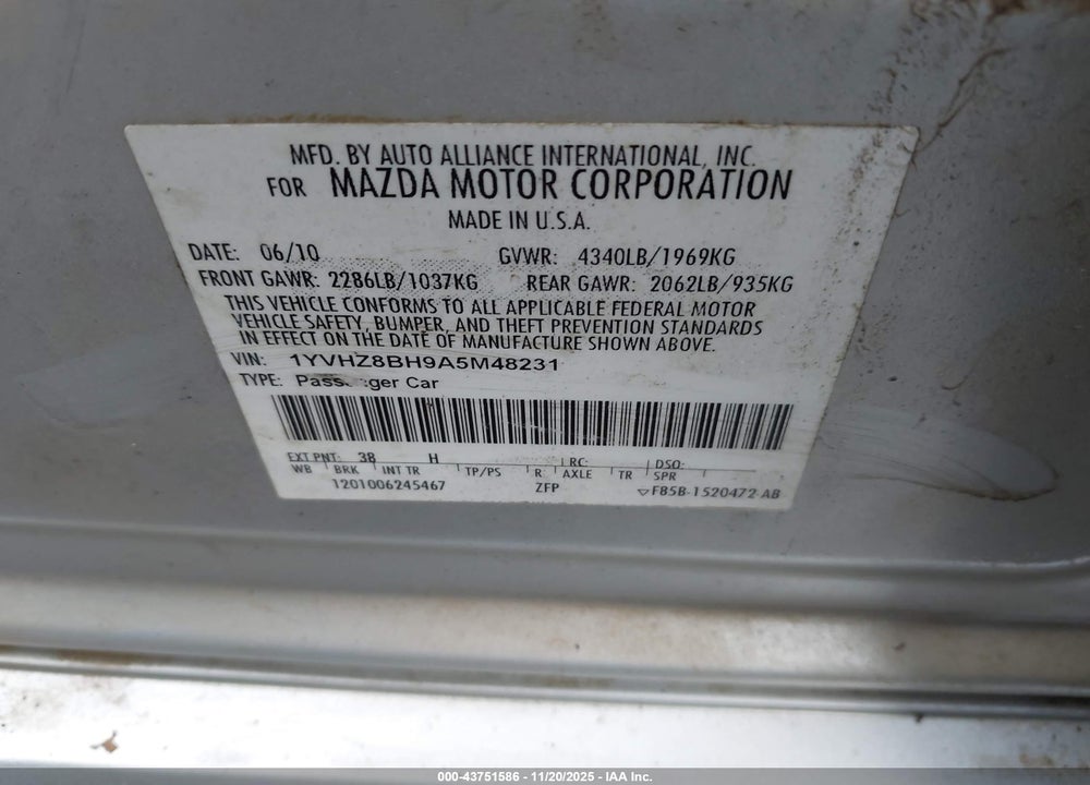 2010 MAZDA 6 I SPORT VIN: 1YVHZ8BH9A5M48231