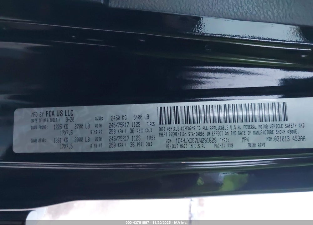 2020 JEEP WRANGLER UNLIMITED SPORT S 4X4 VIN: 1C4HJXDG7LW291629