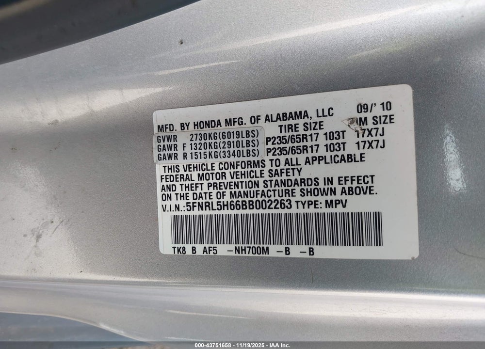 2011 HONDA ODYSSEY EX-L VIN: 5FNRL5H66BB002263