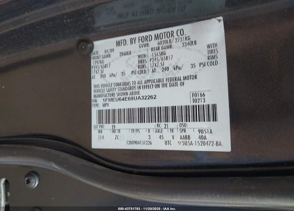 2009 FORD EXPLORER VIN: 1FMEU64E69UA32262