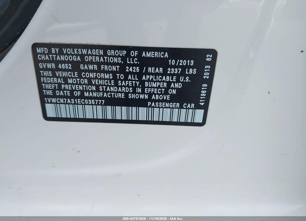 2014 VOLKSWAGEN PASSAT 2.0L TDI SEL PREMIUM VIN: 1VWCN7A31EC035777