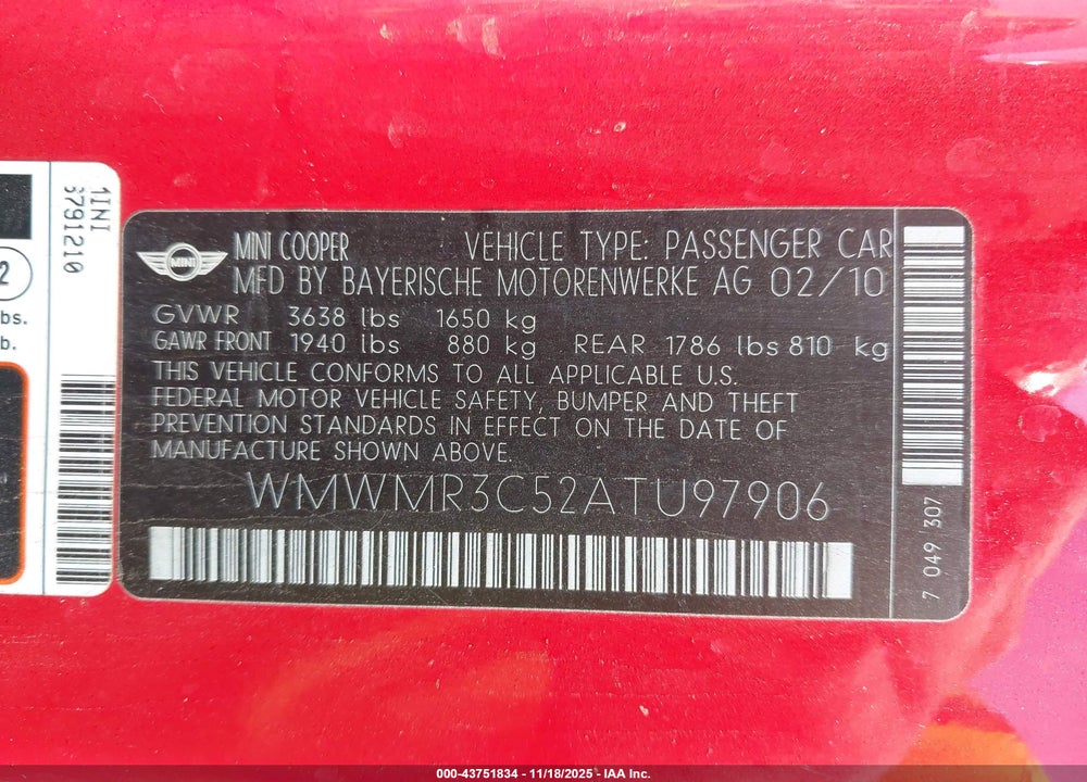 2010 MINI COOPER VIN: WMWMR3C52ATU97906