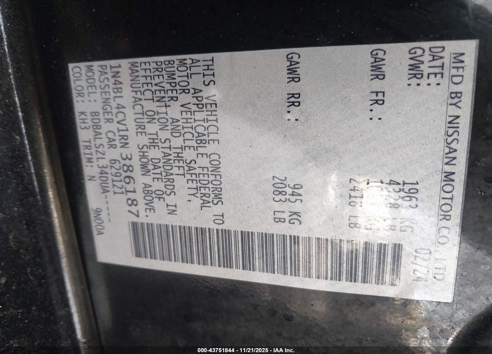 2024 NISSAN ALTIMA VIN: 1N4BL4CV1RN386187