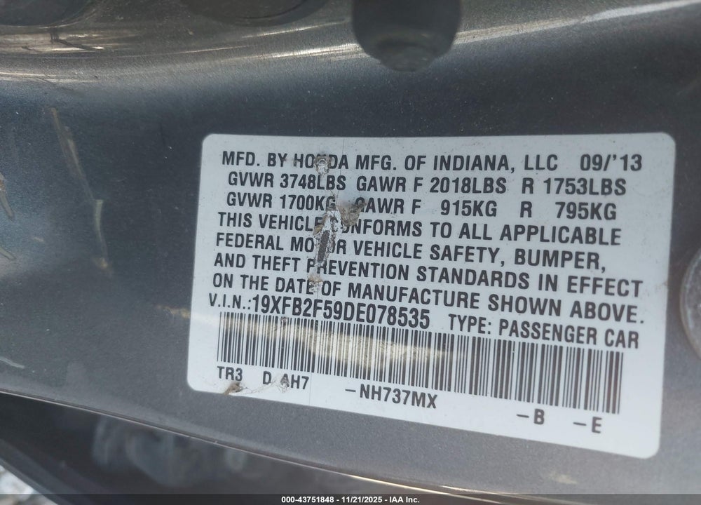 2013 HONDA CIVIC LX VIN: 19XFB2F59DE078535