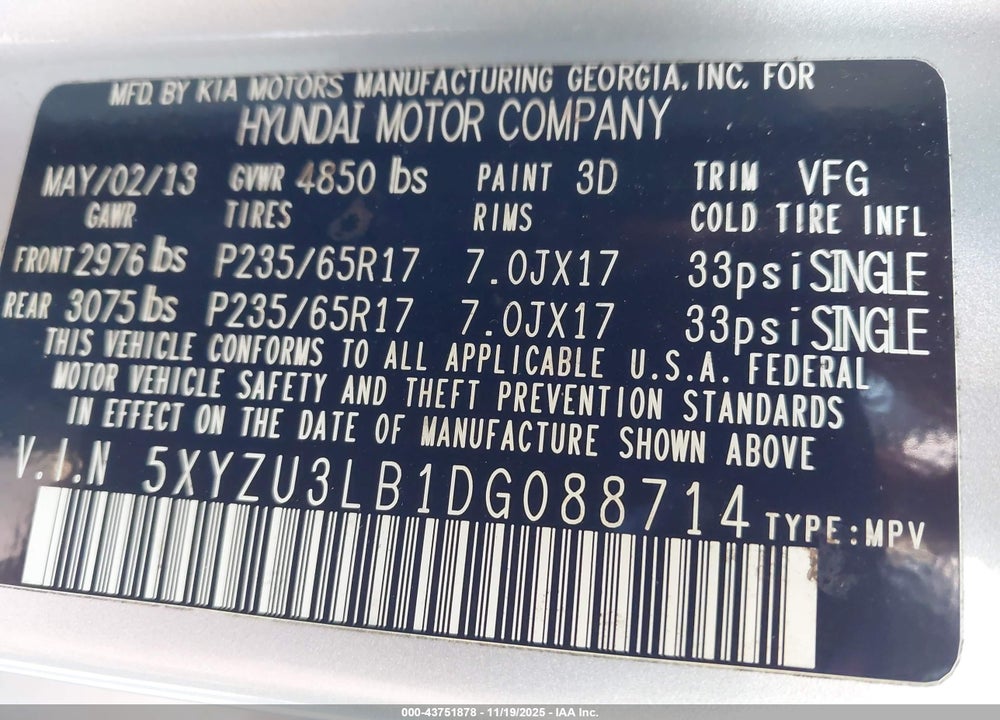 2013 HYUNDAI SANTA FE VIN: 5XYZU3LB1DG088714