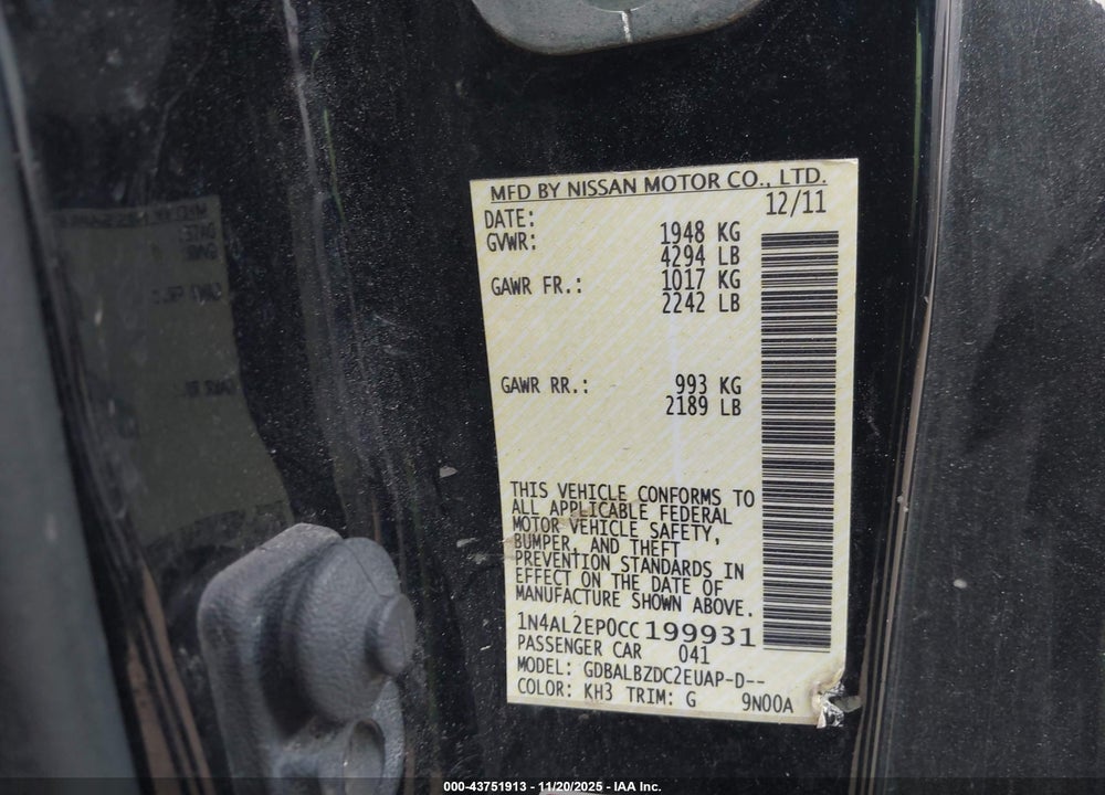 2012 NISSAN ALTIMA 2.5 S VIN: 1N4AL2EP0CC199931