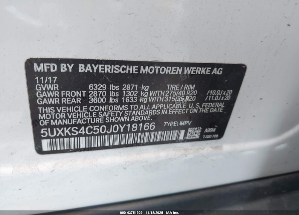 2018 BMW X5 XDRIVE35D VIN: 5UXKS4C50J0Y18166