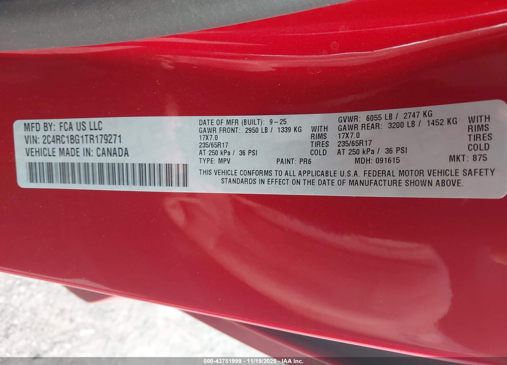 2026 CHRYSLER PACIFICA SELECT VIN: 2C4RC1BG1TR179271