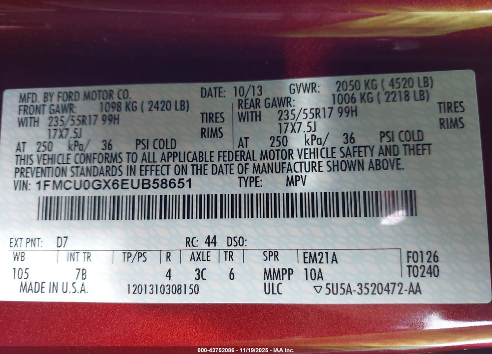 2014 FORD ESCAPE VIN: 1FMCU0GX6EUB58651