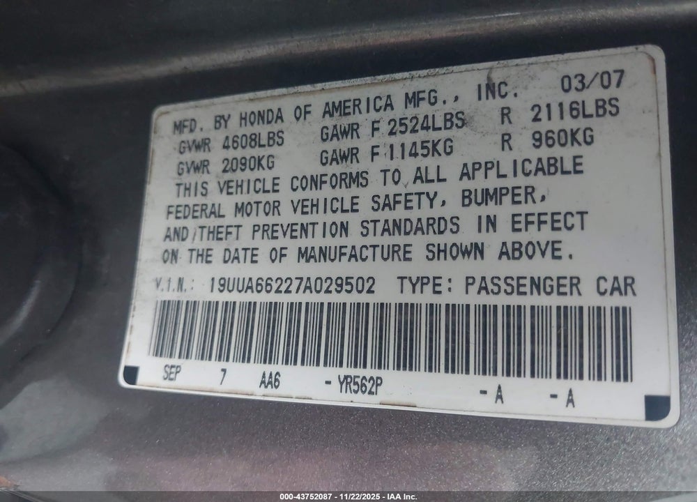 2007 ACURA TL 3.2 VIN: 19UUA66227A029502