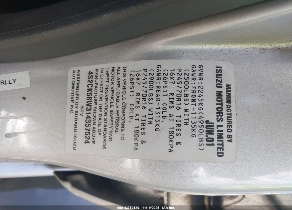 2001 ISUZU RODEO LS 3.2L V6/LSE 3.2L V6/S 3.2L V6 VIN: 4S2CK58W314357524