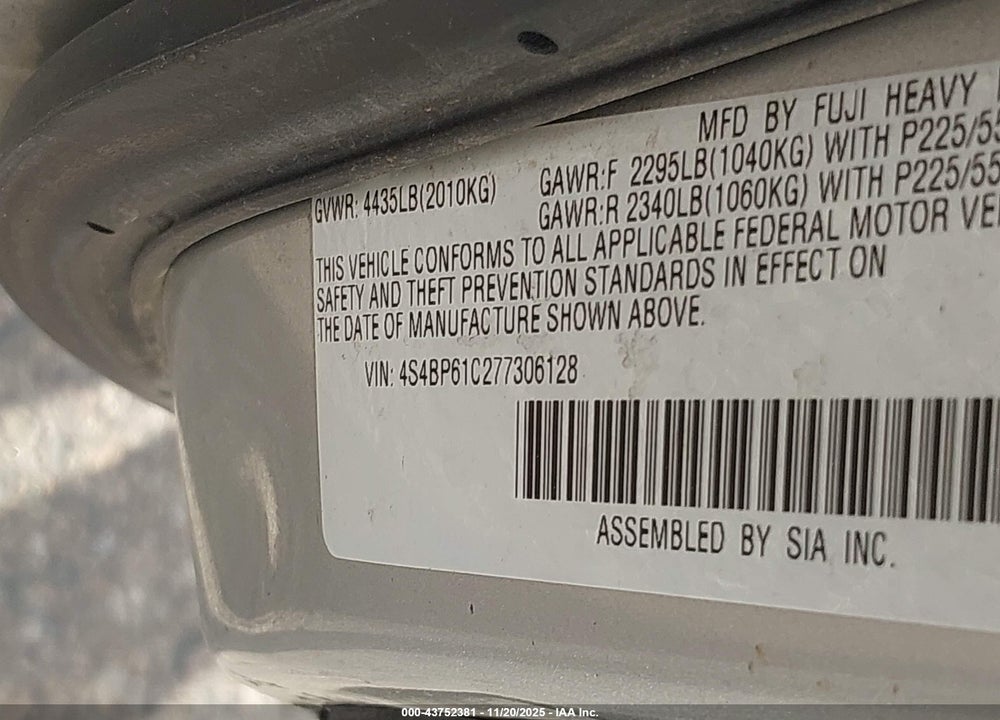 2007 SUBARU OUTBACK 2.5I VIN: 4S4BP61C277306128