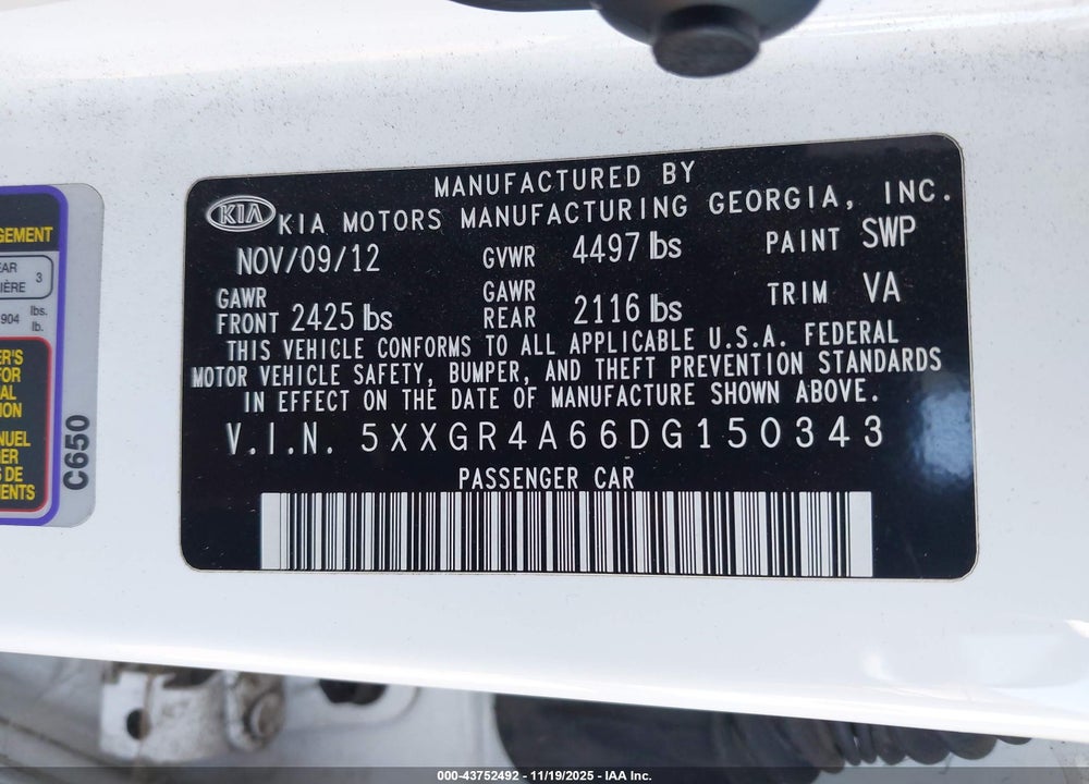 2013 KIA OPTIMA SX VIN: 5XXGR4A66DG150343