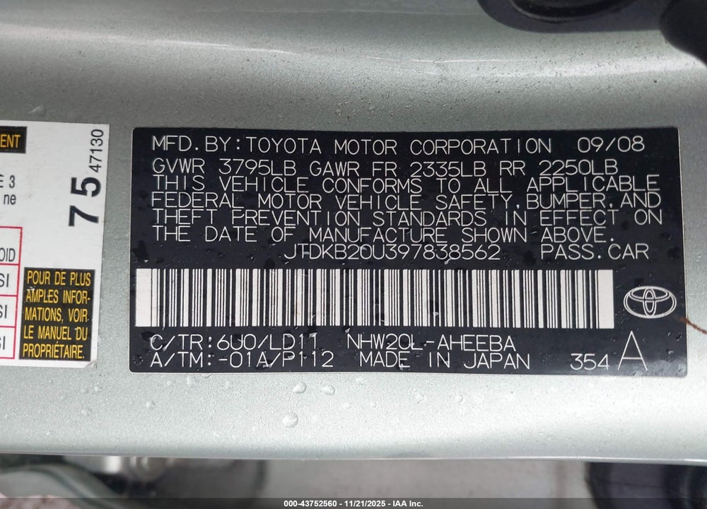 2009 TOYOTA PRIUS VIN: JTDKB20U397838562