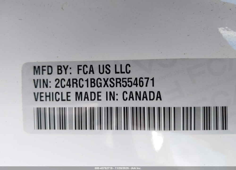 2025 CHRYSLER PACIFICA SELECT VIN: 2C4RC1BGXSR554671