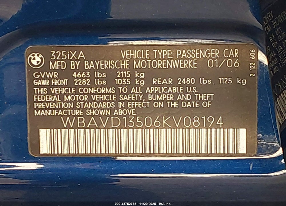 2006 BMW 325XI VIN: WBAVD13506KV08194