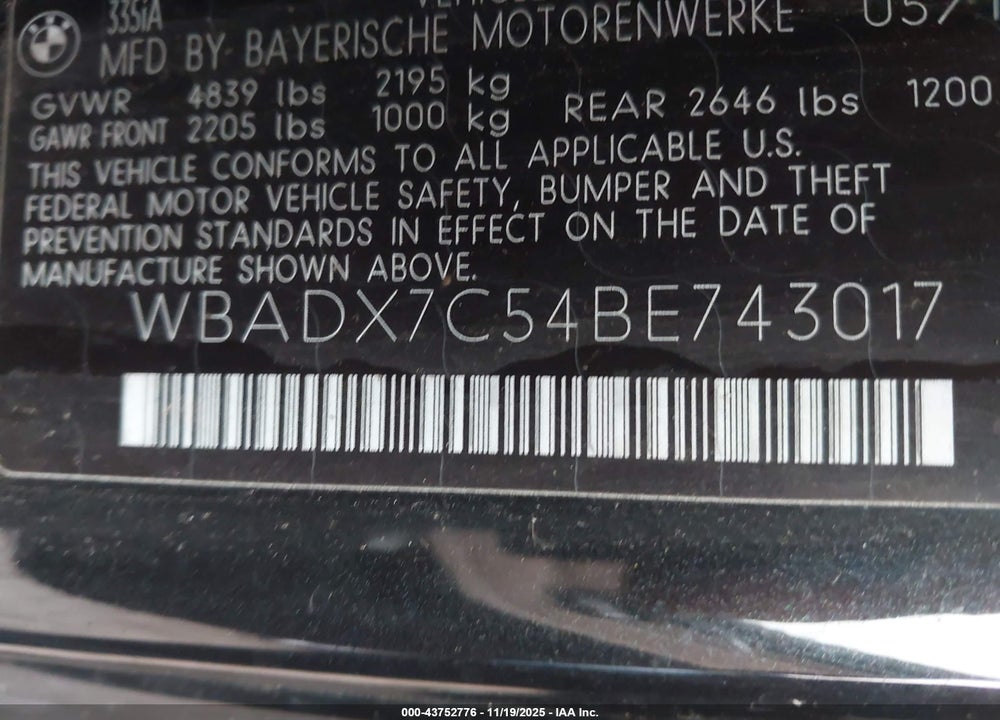 2011 BMW 335I VIN: WBADX7C54BE743017