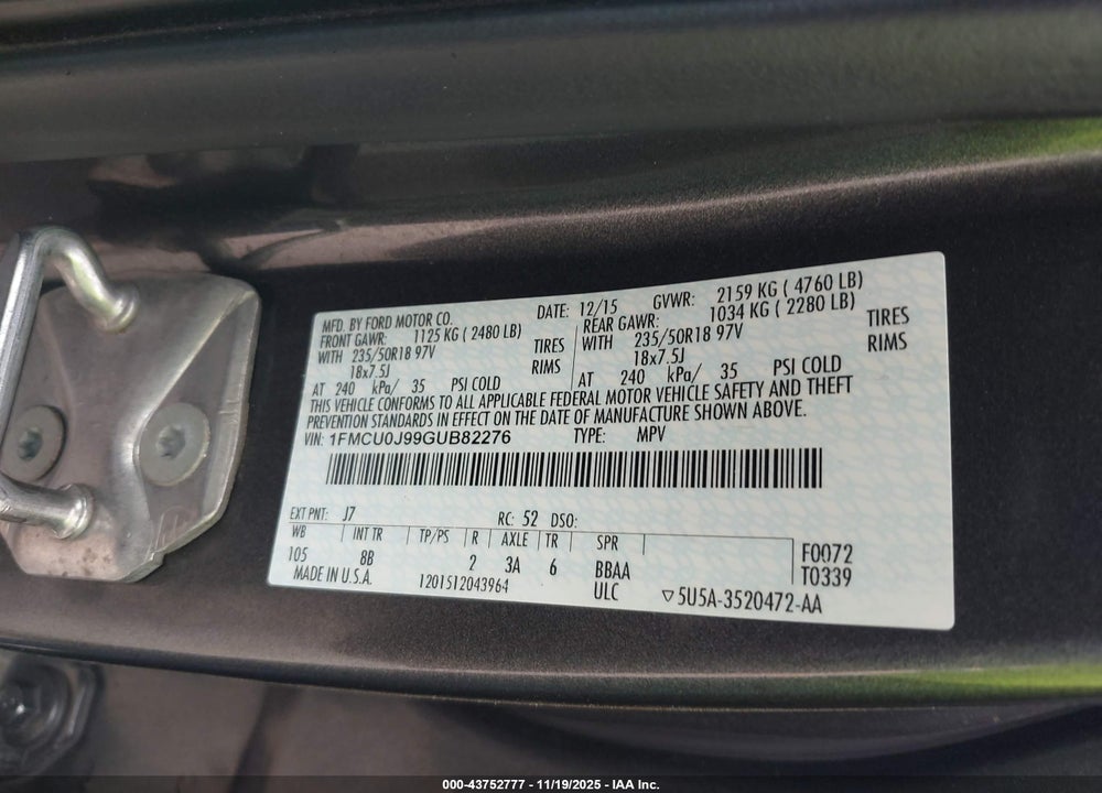 2016 FORD ESCAPE TITANIUM VIN: 1FMCU0J99GUB82276