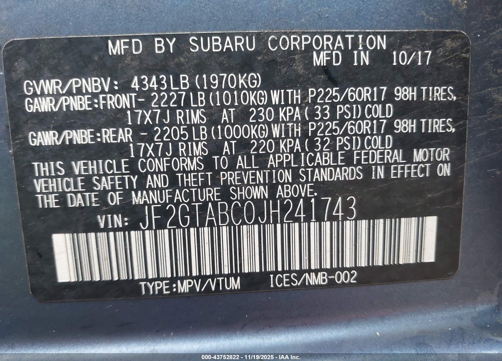 2018 SUBARU CROSSTREK 2.0I PREMIUM VIN: JF2GTABC0JH241743