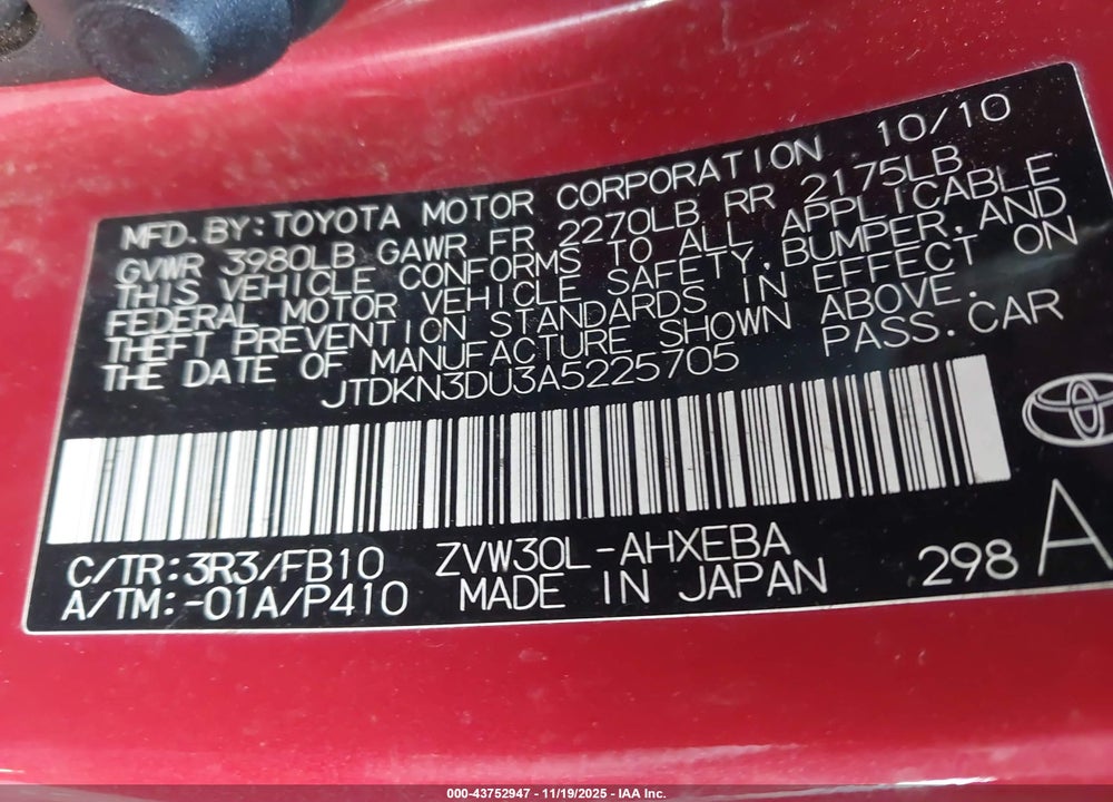 2010 TOYOTA PRIUS II VIN: JTDKN3DU3A5225705