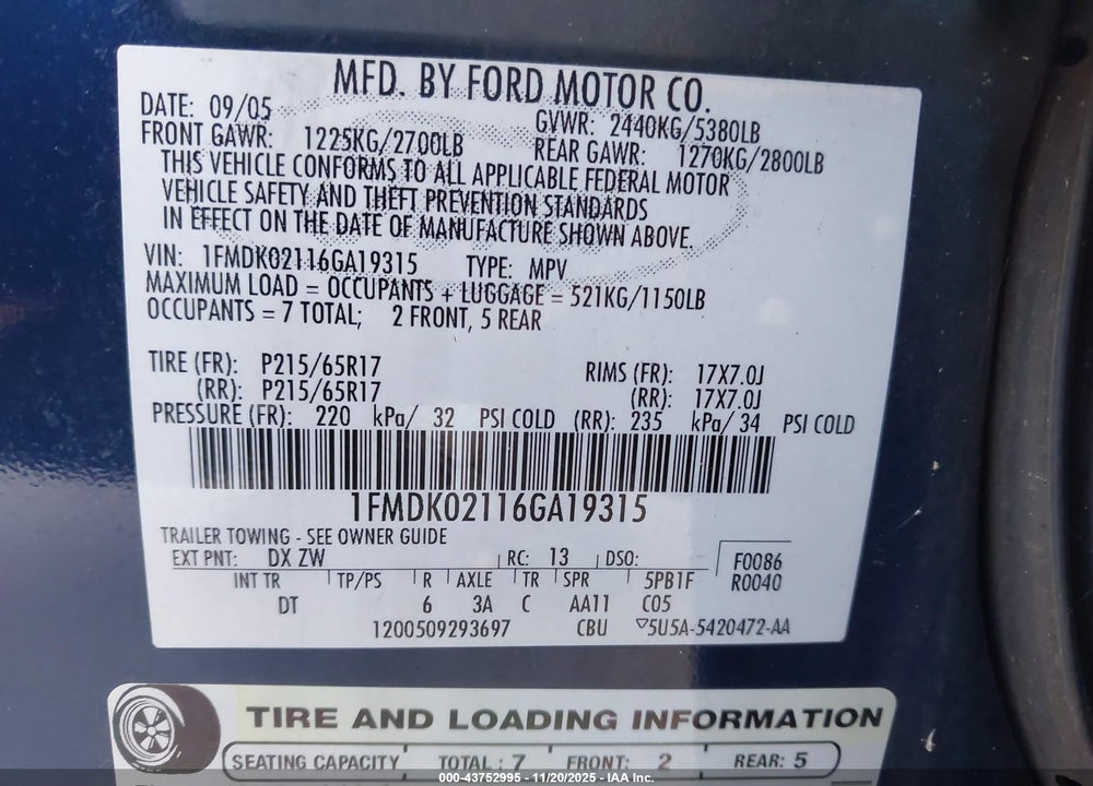 2006 FORD FREESTYLE SEL VIN: 1FMDK02116GA19315